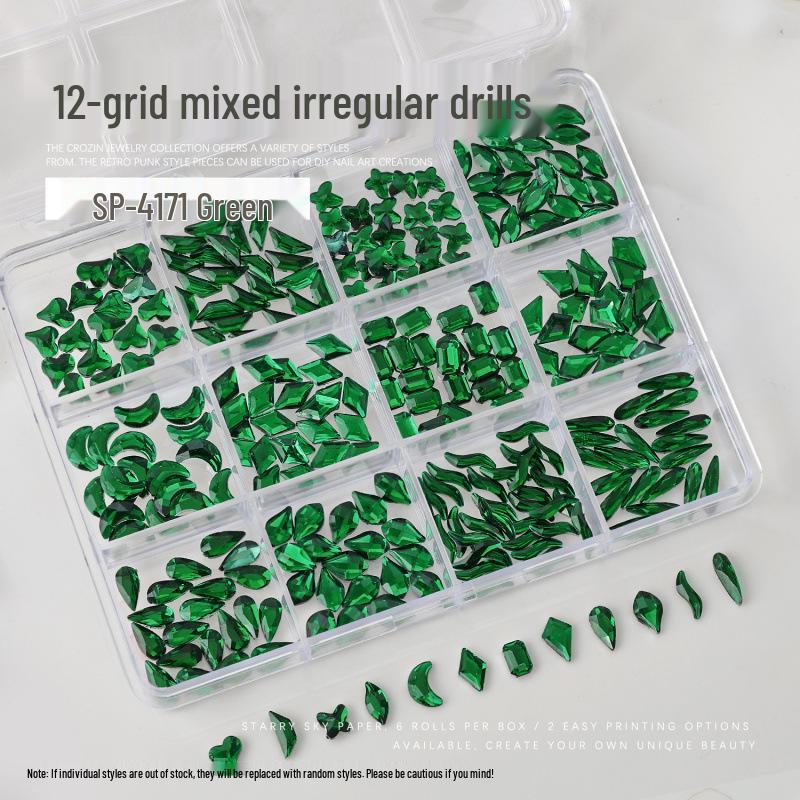 Nail Art Irregular Rhinestones: 12-Grids Mixed Color Flat Back Resin Gems