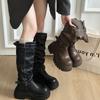 [Fanfna] Pleated Pile Boots Women's Belt Buckle Thick Bottom But Knee Knight Boots Skinny and Height Boots