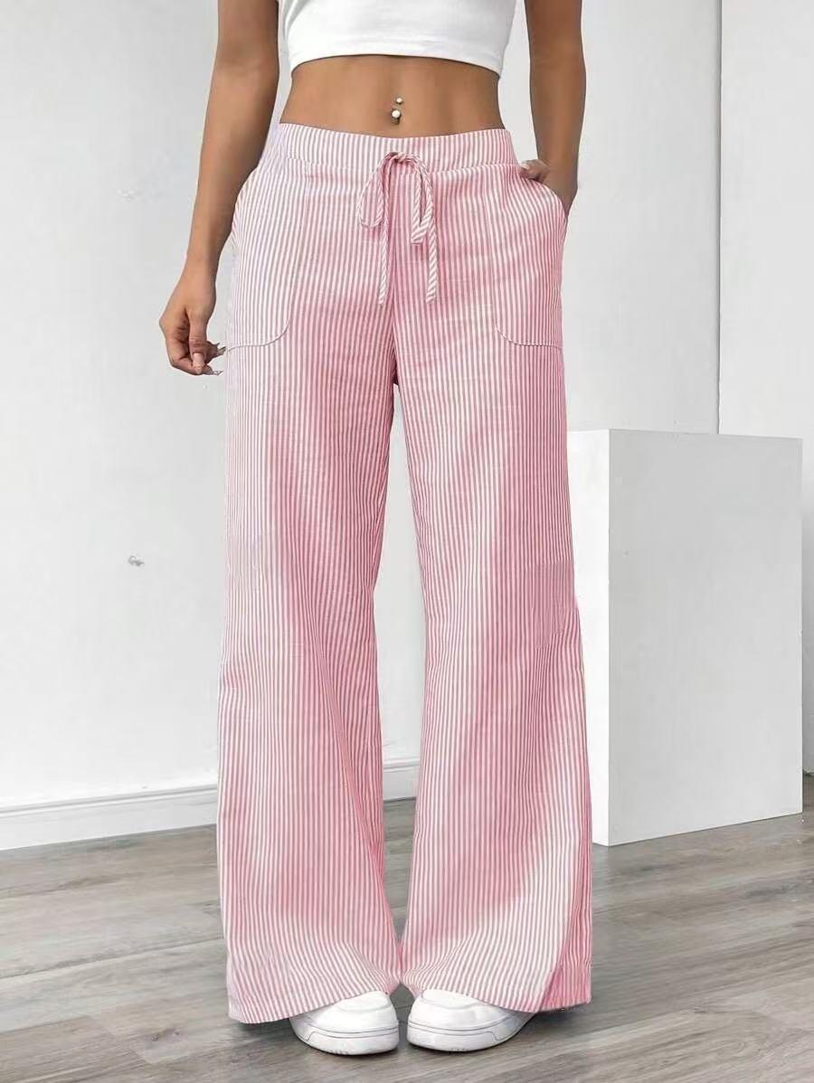 

Summer 2025 Comfortable Striped Wide-Leg Pants with Drawstring Waist and Pockets Double Extra Large