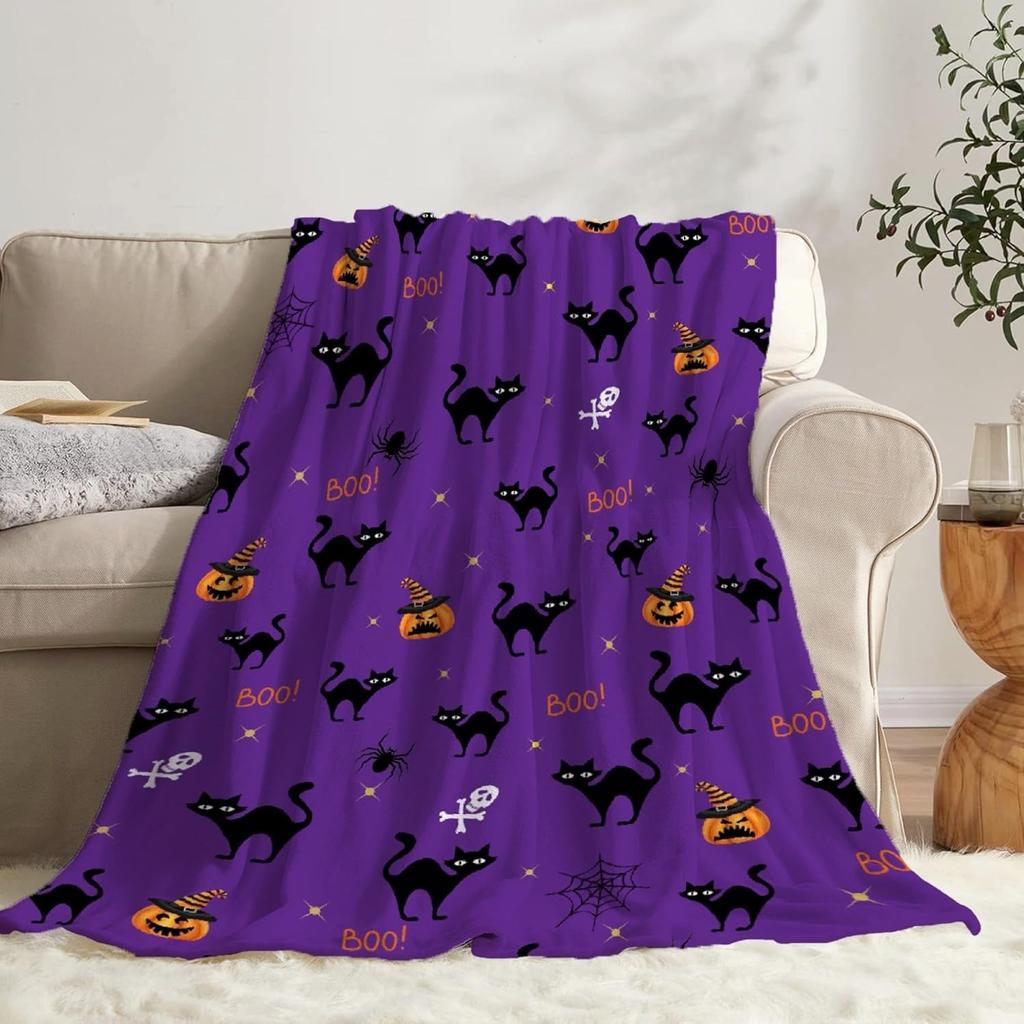 1pz Coperta Halloween Gatti Neri Zucca Teschio Pipistrelli Strega Coperta Sottile Regali per Divano Letto Auto Casa Campeggio uso tutto l'anno