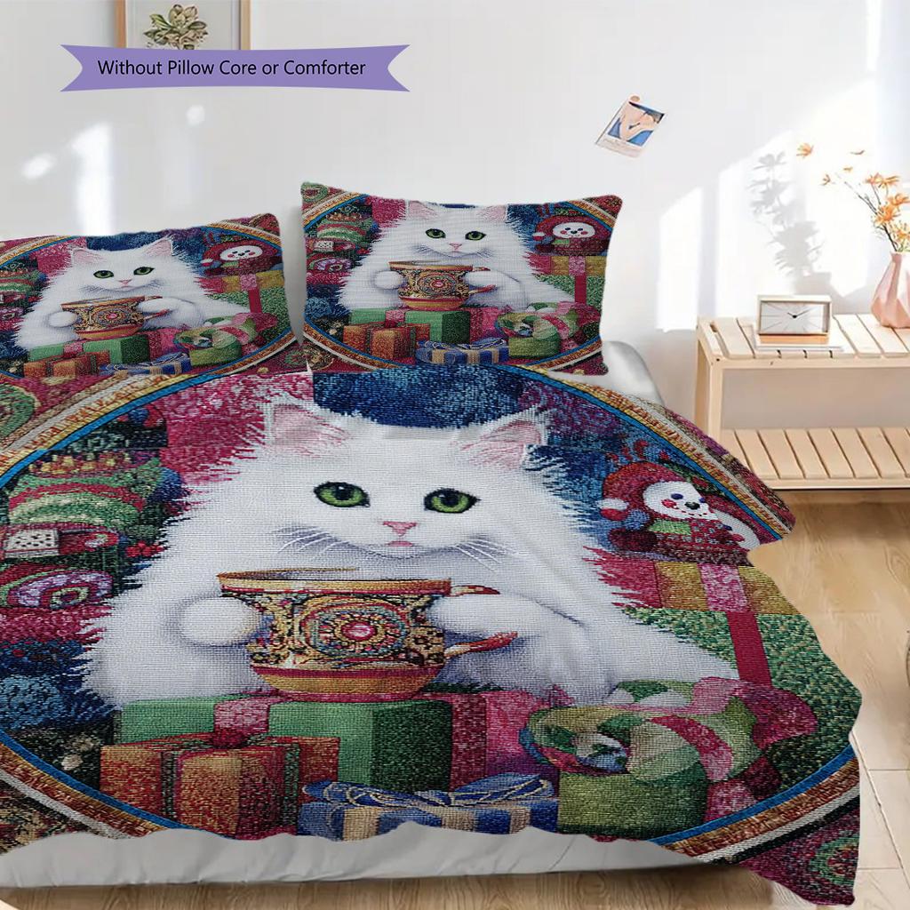 Weißes Katzenmuster Bettwäsche Steppdecke Set Deckenbezug Kissenbezug Heimdekoration Geburtstagsgeschenk (1 Bettbezug + 2 Kissenbezüge, ohne Füllung)