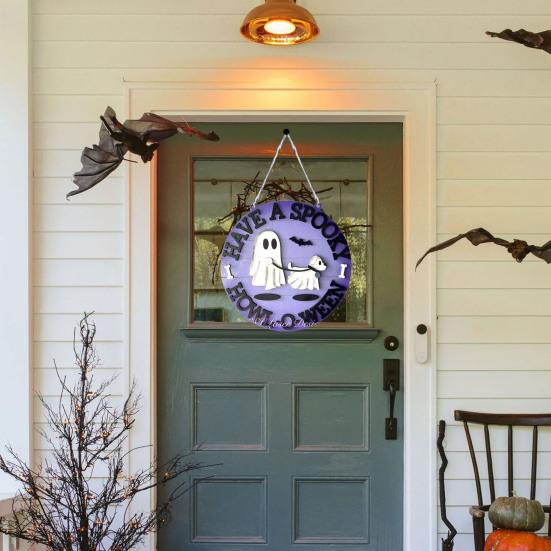 Halloween Ghost Walking Dog Door Sign Wooden Ghost Dog Hanging Doorplate for Front Porch Wall Indoor Outdoor Decor