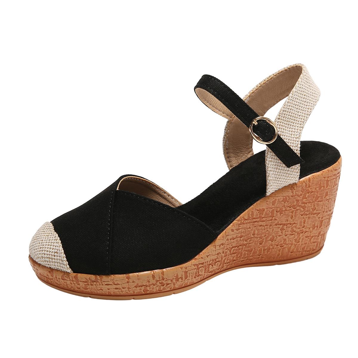 

Сандалии женские Baotou сандалии на танкетке на толстой подошве с каймой большого размера, женские сандалии с веревочной строчкой, обувь 36 чёрный