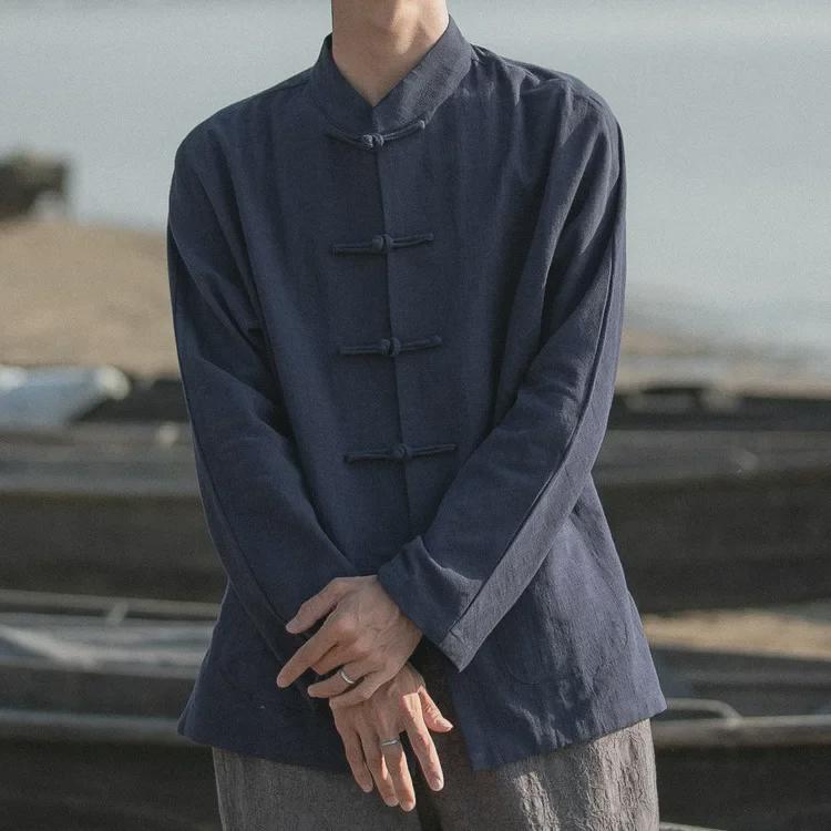 Chaqueta Tang de Algodón-Lino de Manga Larga para Hombre - Estilo Retro Chino Primavera Blazer Zhongshan