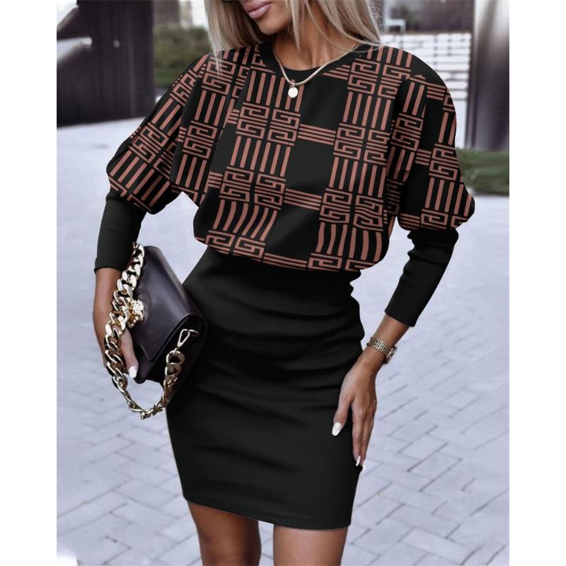 Autumn New Women's Printed Waist Round Neck Long-sleeved Dress Women
