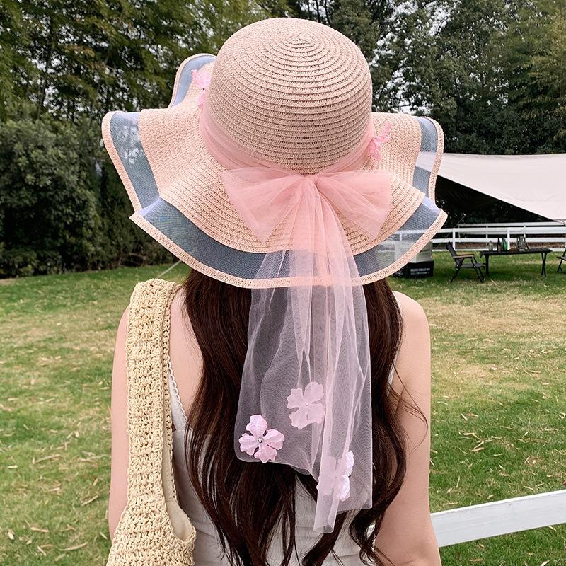 Summer Bow Sun Hat Female, Seaside Beach Vacation Sun Hat Outdoor Big Brim Sun Hat Sweet Straw Hat