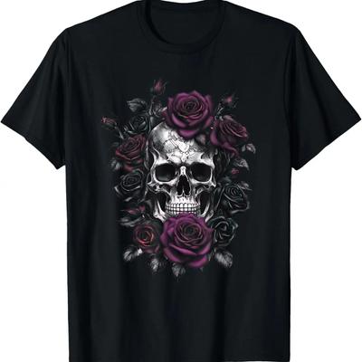 Skelett Metalhead Skallar och Rosor Metall Rock Ljusa Lila Rosor T-shirt