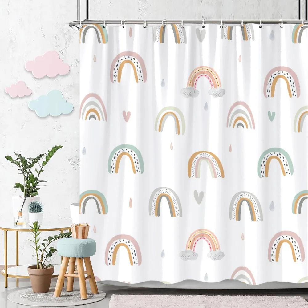 Rainbow Shower Curtain Colourful Cute Bohemian Abstract Print Kids Shower Curtain Polyester Fabric Art Bathroom Decor With Hooks