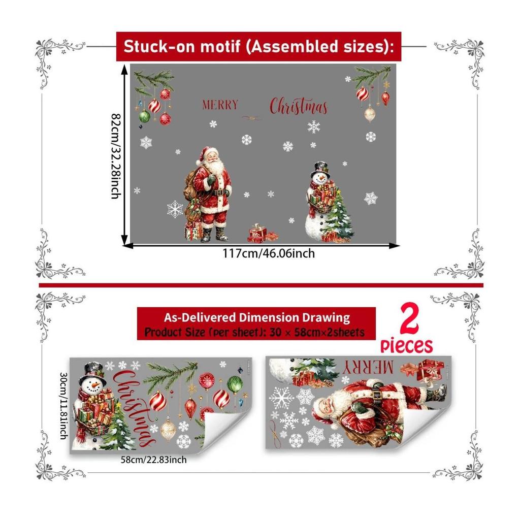 2 Pieces Glass Door Decals Festive Holiday Window Decoration with Santa and Snowman LowProfile