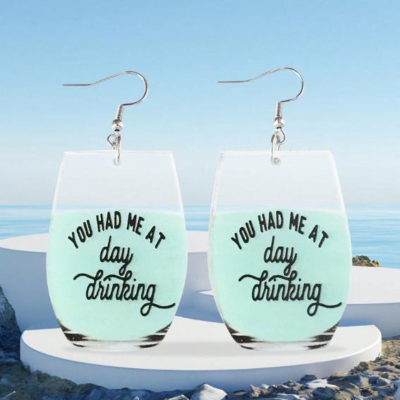 Fashion creative blue ocean color mini monogram print wine glass pendant earrings personalized versatile women s holiday gift