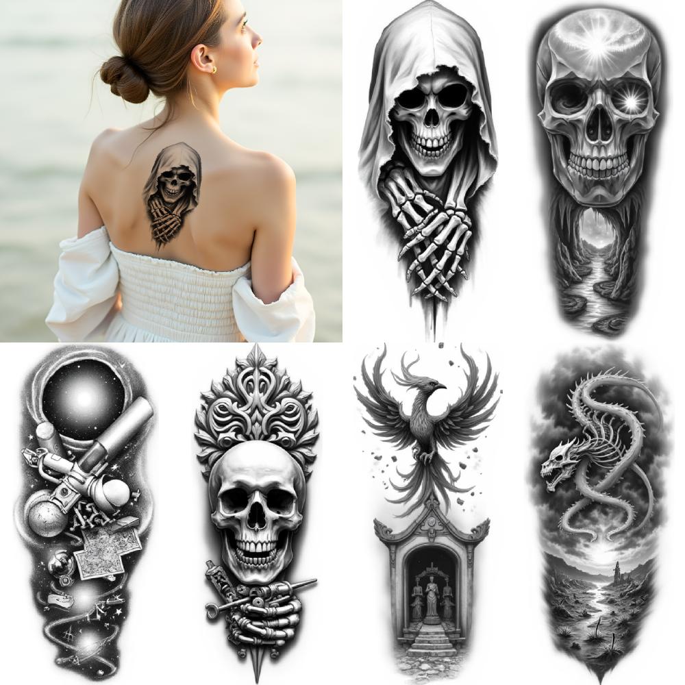 3 Stück Temporäre Tattoos Realistische Temporäre Tattoos Verzierter Totenkopf Totenkopf Tattoo Kapuzen-Skelett Für Erwachsene Männer Oberschenkel