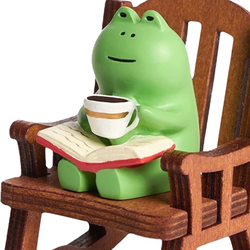 Cute Healing Small Decoration Cute Mini Frog Resin Figurine Rocking Chair Design with Book Coffee Home Bedroom Office Decoration