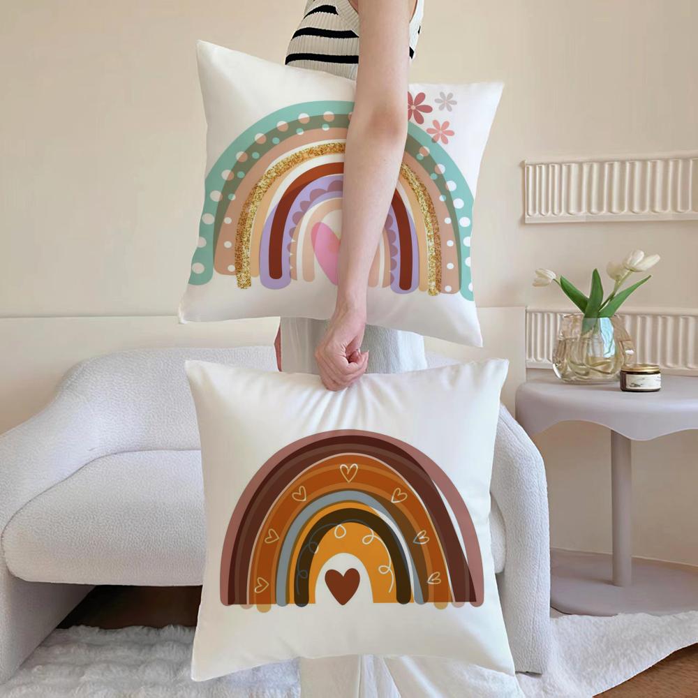 Rainbow Print Cushion Cover Antidustmite Pillowcase Invisible Zipper Silky Short Plush Sofa Cushion Cover