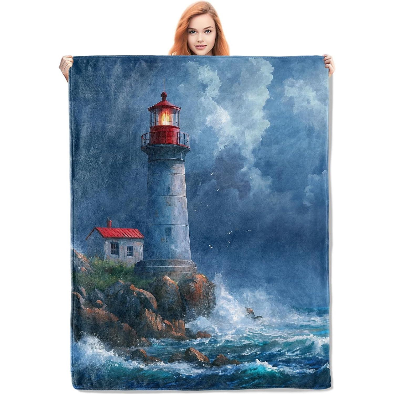 Stormy Lighthouse Blanket Gifts for Women Lighthouse Flannel Blanket Soft Warm Lightweight Throw Blankets for Custom blankets 75X95CM