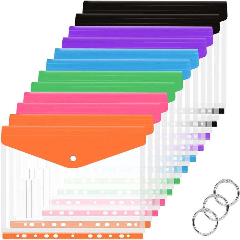 12pcs Expandable Binder Pocket A4 Clear Plastic Envelopes 11-hole Binder Document Contract Bag Clip