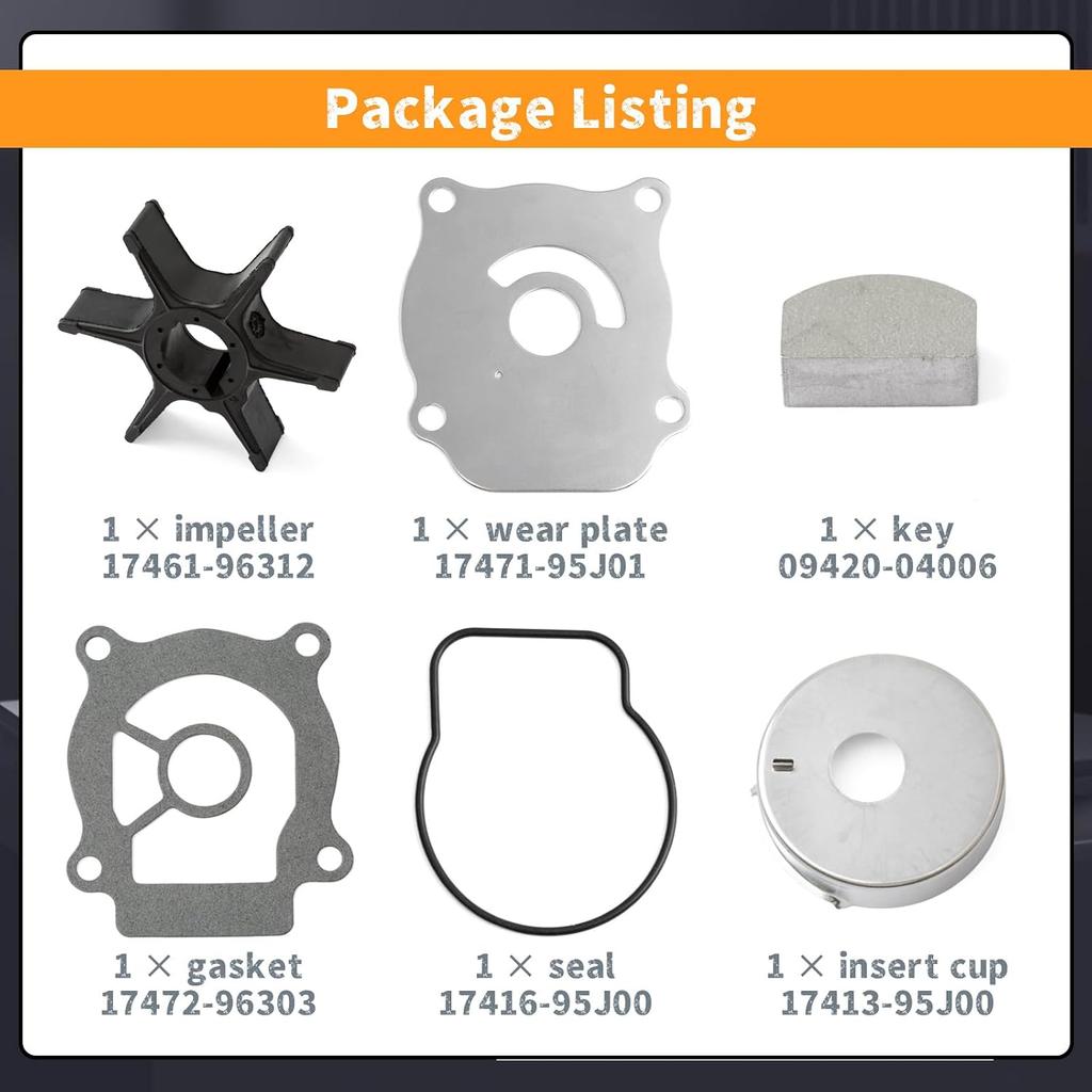 17400-88L00 Water Pump Impeller Repair Kit Compatible with Suzuki 4 Stroke DF 40 50 60 HP Outboard Engines, Replace 17400-88L01 17461-96312 18-4552