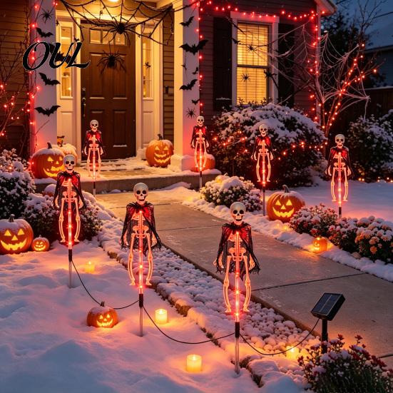 Glowing Skull Figurines for Lawn Solar Skeleton Yard Stake Light, Halloween Garden Decor Outdoor Lights with Cloak, Waterproof Lamp Haunted