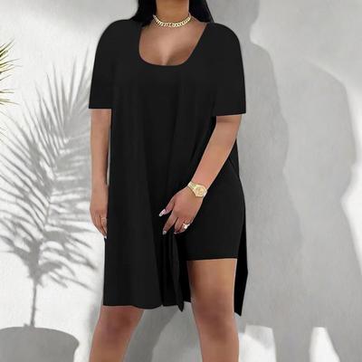 Damen Übergröße 2-teilige Outfits Seitenschlitz Kurzarm Tunika Tops und Skinny Biker Shorts Sets Sommer Lounge Trainingsanzug