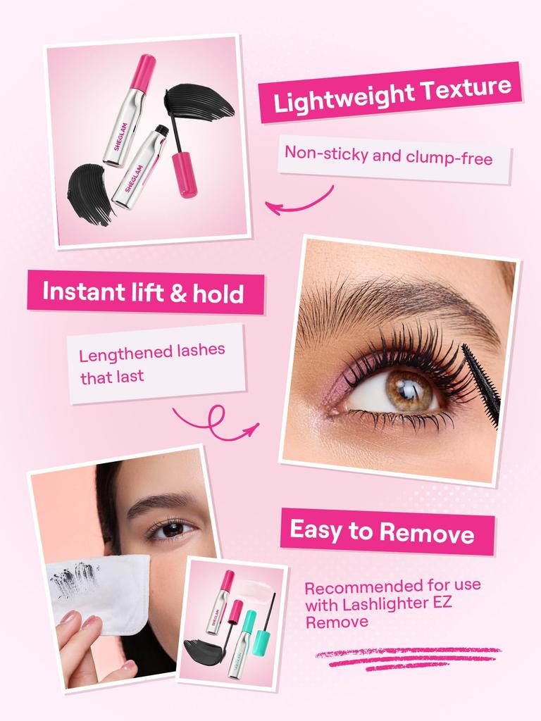 SHEGLAM Lash Writer Up & Out Mascara - Volume & Length, Feather Comb Brush, Waterproof, Smudge-Resistant, Peptide Formula, Cruelty-Free