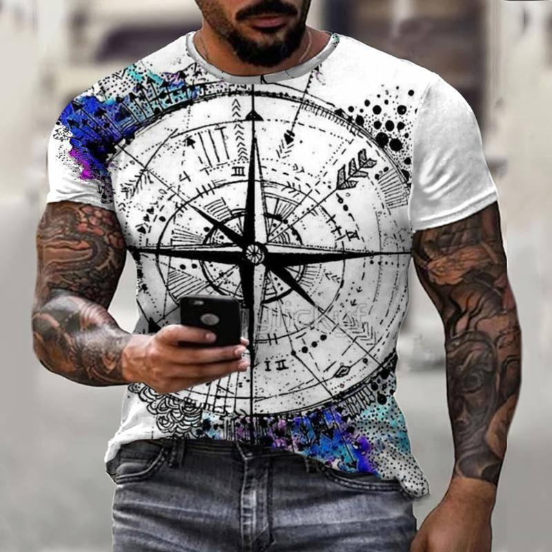 Summer Retro Compass T-shirt Men's 3D Printed T-shirt Fashionable Street Harajuku T-shirt Short Sleeved Oversized Top Men's Clothing