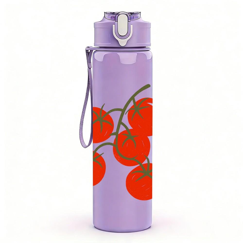 1PC Cluster Red Tomato Fruit Print 750ml Color Plastic Sports Water Bottle Leakproof Flip Straw Lid For Sports Office Home Use
