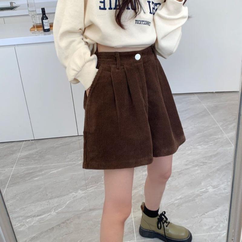 Corduroy Shorts for Women Autumn Winter Vintage Style Clothing Solid Wide-leg Shorts Casual Elastic Waist A-line Pants