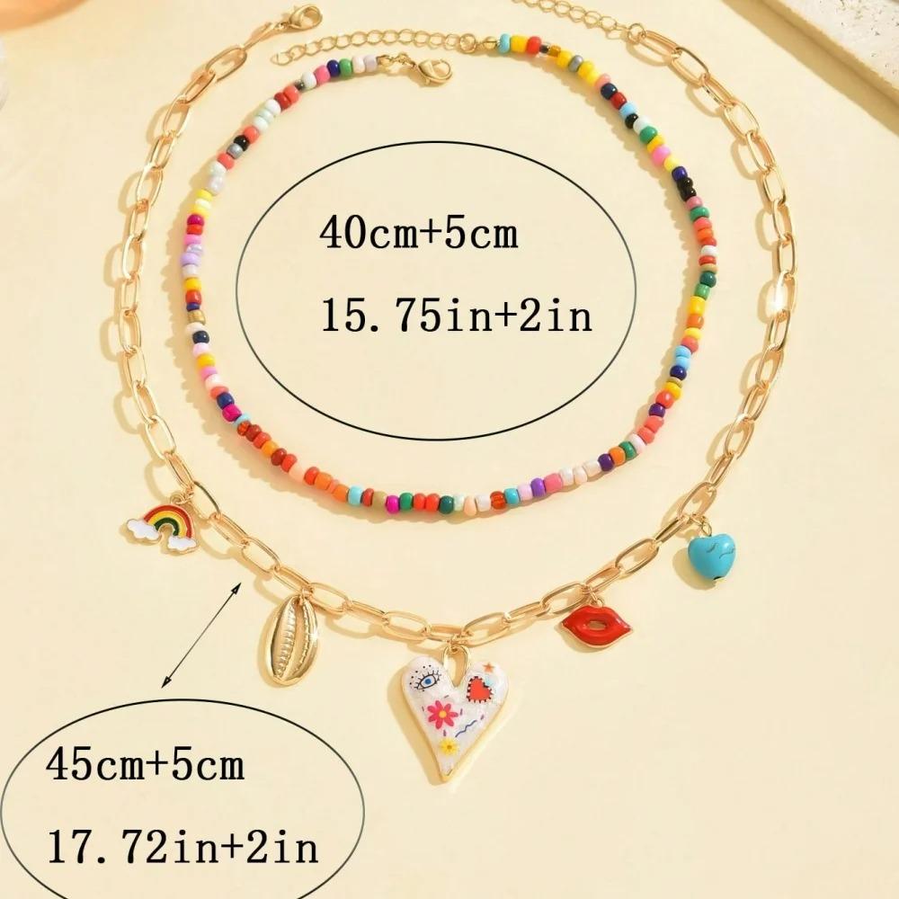 Bohemian Multilayer Handmade Beads Chain Necklaces Tassels Colorful Love Oil Drop Pendant Jewelry for Women Girl