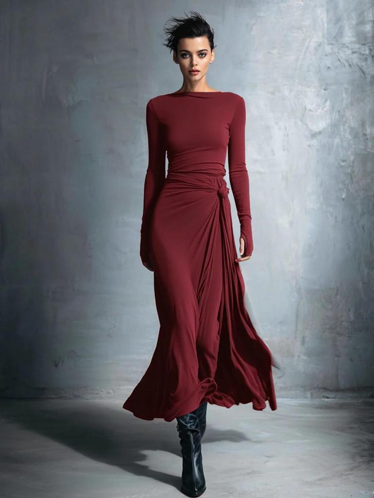 Autumn 2025 European & American One-Shoulder Twist Waist Maxi A-line Dress