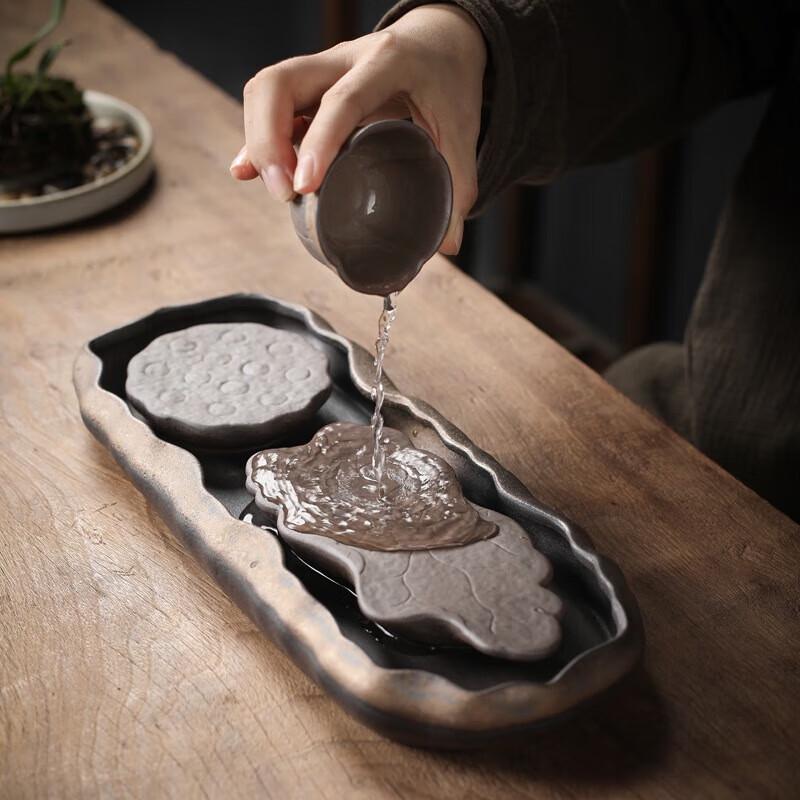 YIXI Rustic Pottery Gilded Dry Bubble Tea Tray