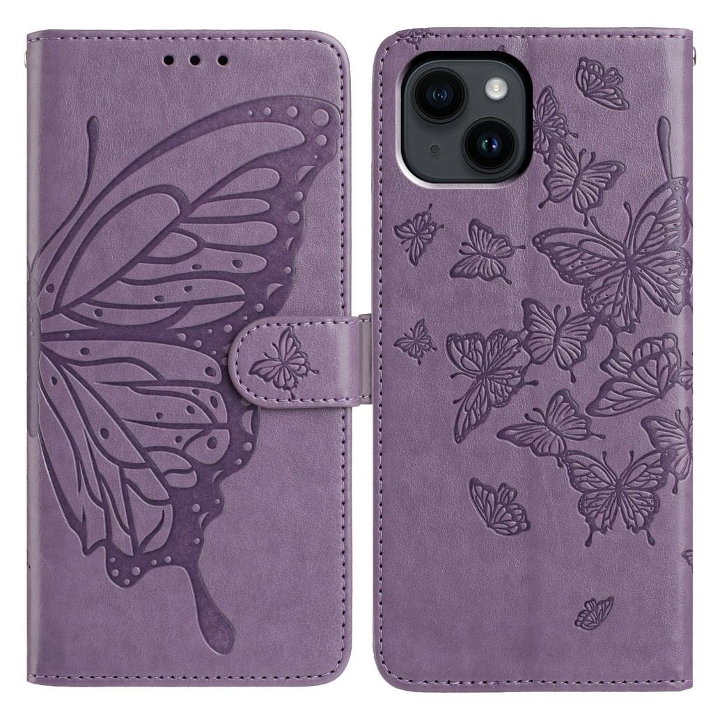 For iPhone 14 Case Butterfly Imprinted Wallet Stand PU Leather Flip Phone Cover with Strap