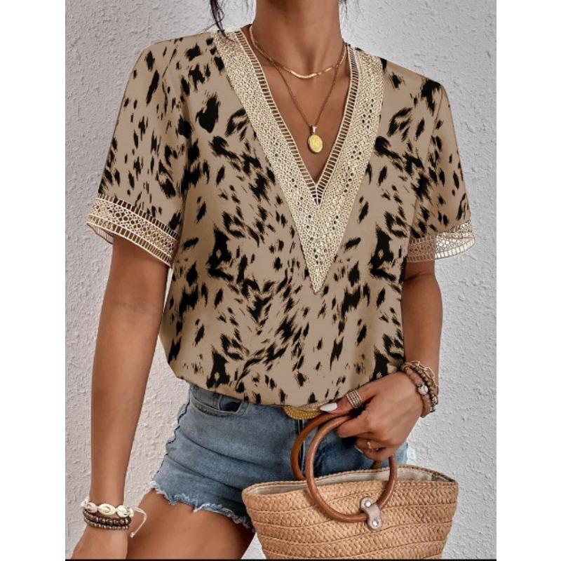 2Wish Women's Collar Lace Loose Top Commuter Short Sleeve Shirt Women's Style