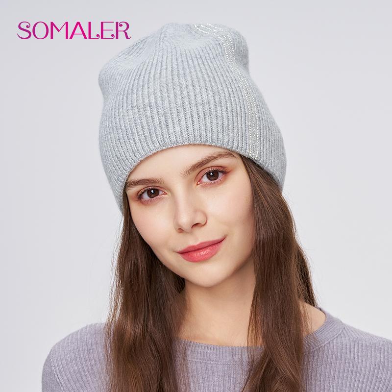 SOMALER Damen Winter Wollmütze Hochwertige Wolle Strickmütze mit Strass Dick Warm Doppellagig Outdoor Skull Caps