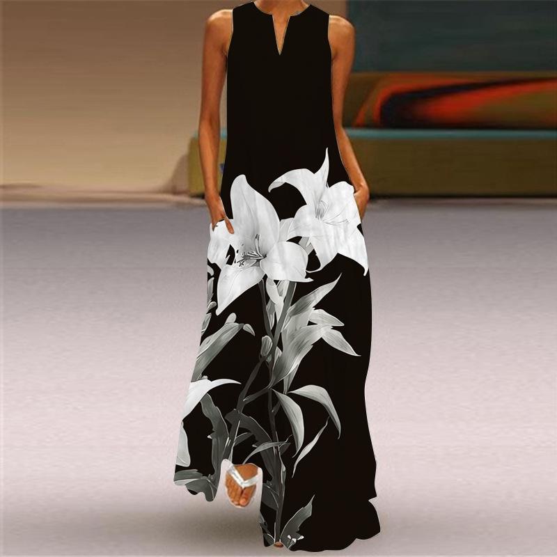 2024 Summer Sleeveless V-Neck Printed Dress for Women: Long, Sexy, European & American Style