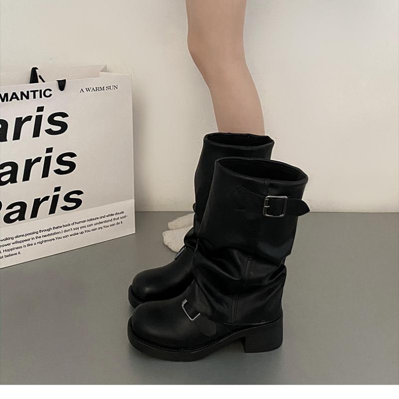 Mid hæler Dame Walking Shoes Chunky Platform Chelsea Boots Vinter Designer Nye Motocycle Boots Pumps Punk Mid Calf Botas
