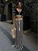 Trendy European-American Women's Sexy V-Neck Striped Knit Long Dress Set