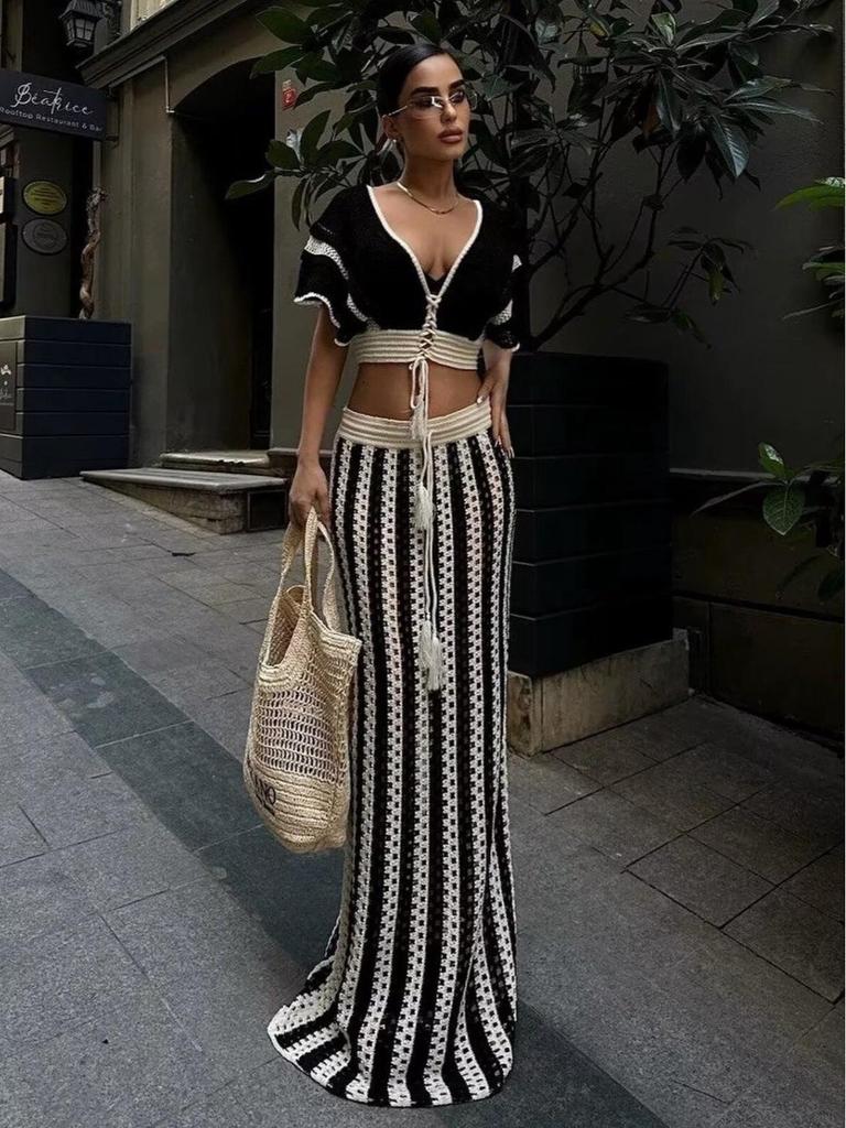 Trendy European-American Women's Sexy V-Neck Striped Knit Long Dress Set