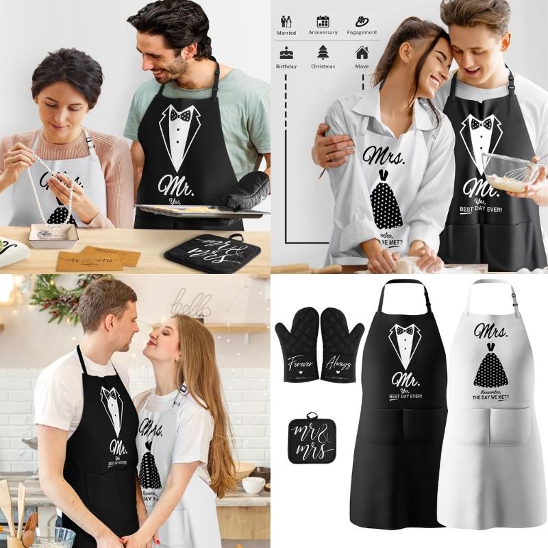Couples Apron Set Lovely Pattern Adjustable Ties Resistant Kitchen Wear Wedding Anniversary Gift Set Apron with Gloves