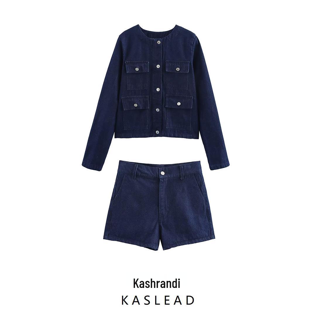 

Spring 2025 Women s European & American Style Pocket Jacket & Shorts Set Extra Small