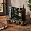 Gold Gilded Book Pen Holder Wooden Book-Shaped Holder Retro Desk Organizer