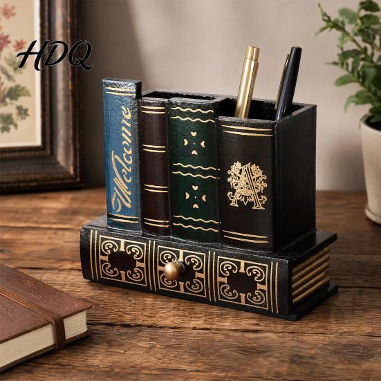 Gold Gilded Book Pen Holder Wooden Book-Shaped Holder Retro Desk Organizer