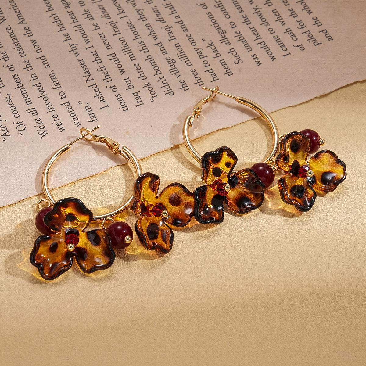 European and American glass flower fringed silver needle earrings Maillard style niche earrings personalized earrings