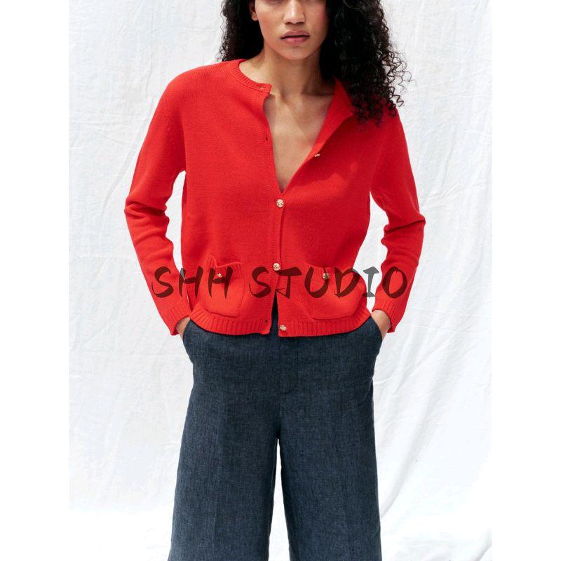 Summer New Women clothes Rib Decorative Layer Golden Breasted round Neck Long sleeve Simple Knitted Outerwear 6427048