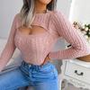 Dámský svetr s kulatým výstřihem, dlouhým rukávem, dutým designem na hrudi, pletený top s kroucenou texturou, jednobarevný, slim fit pletenina