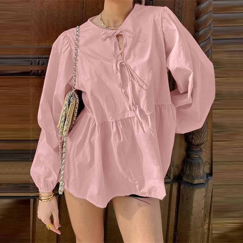 

ZANZEA Женские винтажные блузки с круглым вырезом и длинным рукавом M