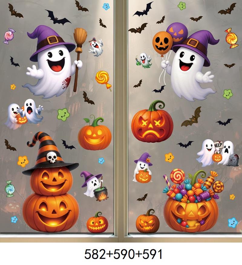 1 Set Watercolour Hand Painted Halloween Pumpkin Ghost Visible Window Home Decoration Window Stickers Family Wall Stickers
