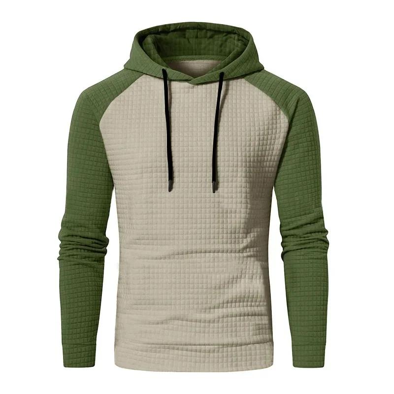Men's Casual Patchwork Color Small Square Grid Hoodie Slim Fit Top Winter Round Neck Sweatshirts