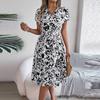 Elegant Women Floral Print Retro Dress Spring Summer V Neck Short Sleeve Casual Dress Belt Waist Bohemian Beach Dress Vestidos