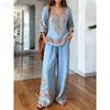 1D New Vacation Casual Suit Women's Bohemian Printed Cotton and Linen Shirt Wide Leg Pants Two-piece Set