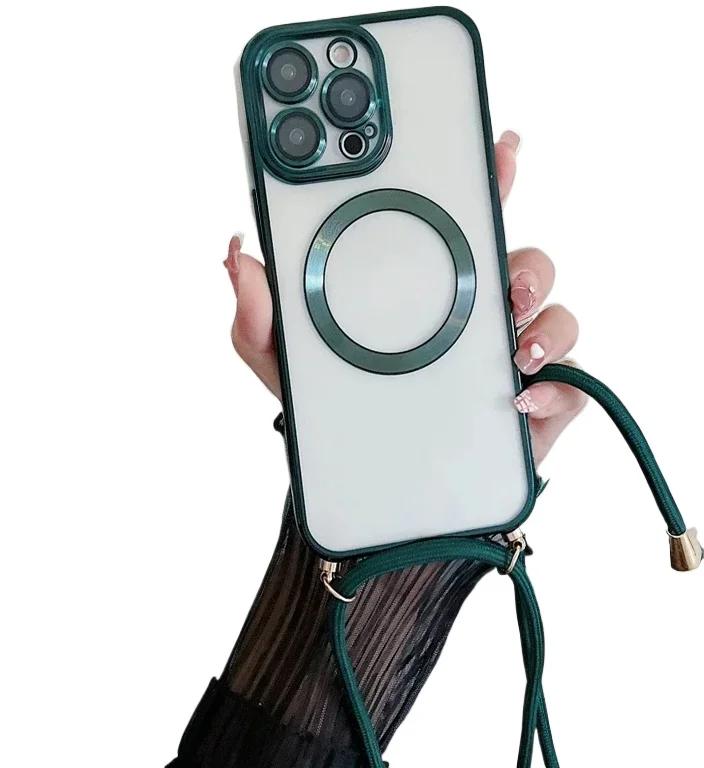 Electroplated transparent magnetic Magsafe wireless charging case suitable for iPhone 16 15 14 12 13 Pro Max  neckla case