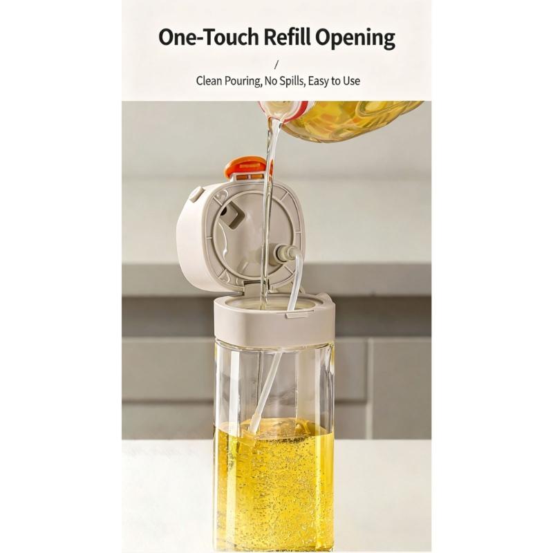 Cooking Oil Mist Bottle with a Visible Body, Button-Open Fill Lid and Pour Outlet for Stovetop Meals and Salad Preparation